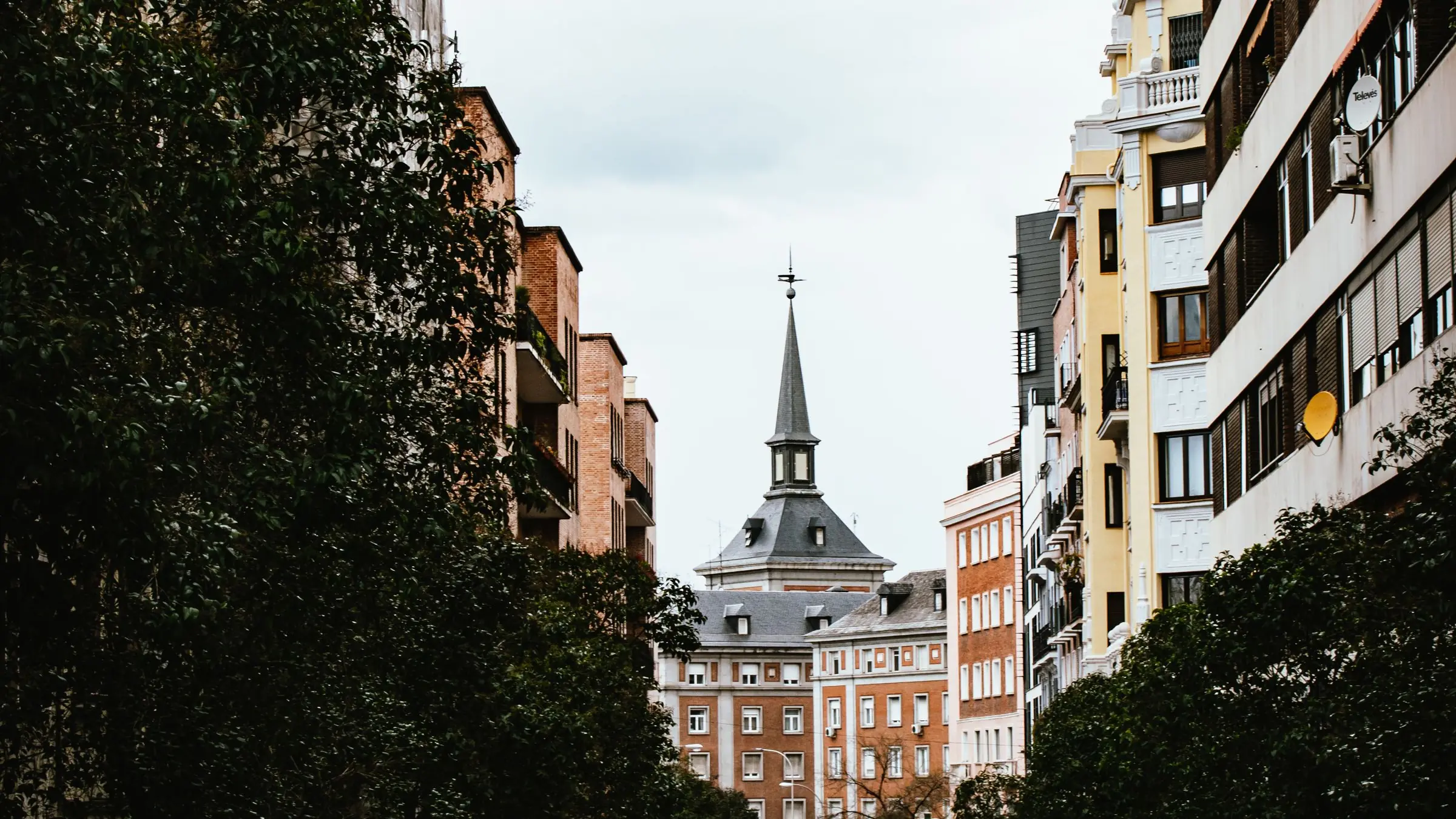 Calle de Madrid con bloques de viviendas de ladrillo y arbolado a ambos lados